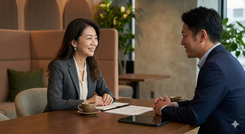 モダンなオフィスで、木製テーブルを挟んで経営相談に応じる渡辺えりこと男性クライアント。前向きに語り合い、一緒に未来を考える親密で温かみのある雰囲気。