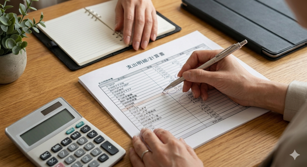 自然光の中で、電卓と支出明細書・計算書（日本語）を前に、ボールペンでムダなコストを特定していく元銀行員の実務的な手元のアップ。
