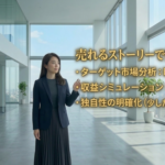名古屋の街並みを背景に、経営者の想いを「15度の設計」に基づいた収益戦略へと翻訳し、黄金のロードマップとして可視化するポジショニング戦略のイメージ