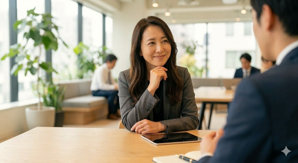 明るい打ち合わせスペースで、経営者の話を柔らかな表情で真剣に聞くパートナーズブレイン代表の渡辺えりこ。信頼感と包容力のある個別相談の風景。