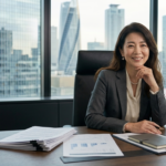 名古屋（名駅）の高層ビル群を背景に、デスクで柔和に微笑む経営アドバイザー・渡辺えりこ。手前には整理された事業企画資料が置かれている。