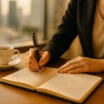 夕暮れのオフィスで、元銀行員の女性経営者がノートに戦略を書き込む手元。万年筆と温かいコーヒーが、誠実で深い思考の時間を演出している。