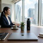 名古屋名駅のビル群を望む明るいオフィスで、PCに向かうパートナーズブレイン代表の渡辺えりこ。誠実な伴走支援を行う女性経営者のポートレート。