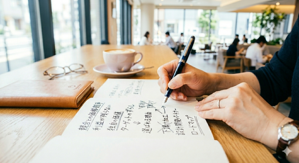名古屋のカフェで、ノートにターゲットの悩み(「価格競争」「利益」)を書き出し、解決策となる「独自の価値」「ターゲットのずらし」へと矢印を繋いで分析するアドバイザー渡辺の手元。白い紙に戦略が形になっていく臨場感。