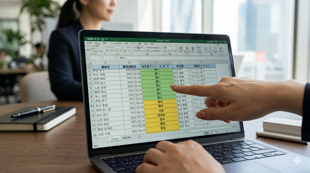 名古屋のオフィスで、エクセルを使った独自の顧客管理表を指差す経営者の手元。セミナーで作成する、本気度ランクが視覚化されたシンプルな仕組み。