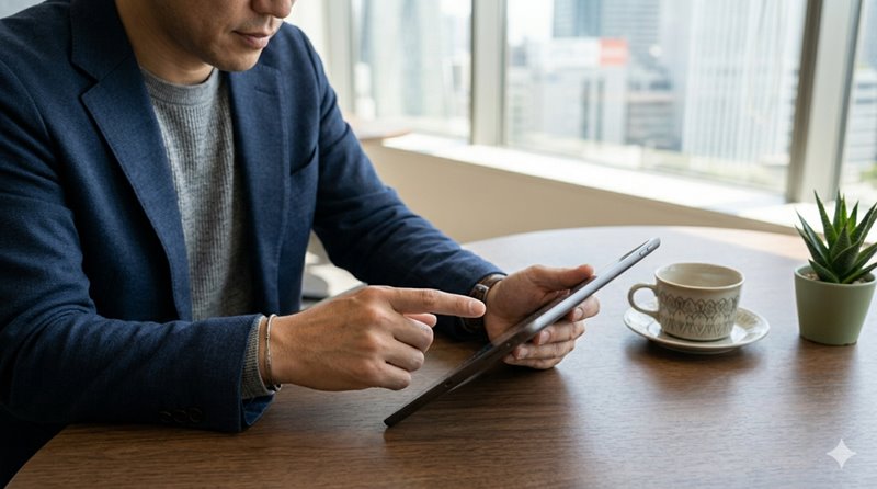 オフィスビルを背景に、カフェスペースでタブレットを操作しながら、自社の顧客データから次の戦略を練る経営者。