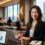 名古屋駅のスカイラインを望む落ち着いたホテルラウンジで、自信に満ちた笑顔で語りかける、ロングヘアの経営ポジショニング戦略アドバイザー、渡辺えりこ氏のポートレート。テーブルには「経営ポジショニング」の文字が書かれたノートPC、マグカップ、ノートが並び、プロフェッショナルな信頼感と女性らしい親しみやすさが伝わる。